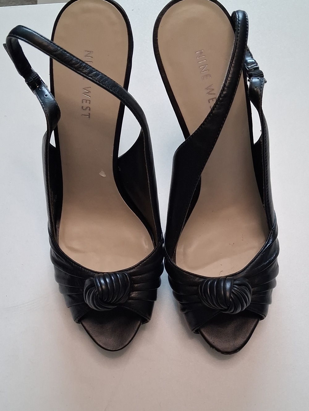 Nine West Black Leather Knot Peep-Toe Slingback Heels